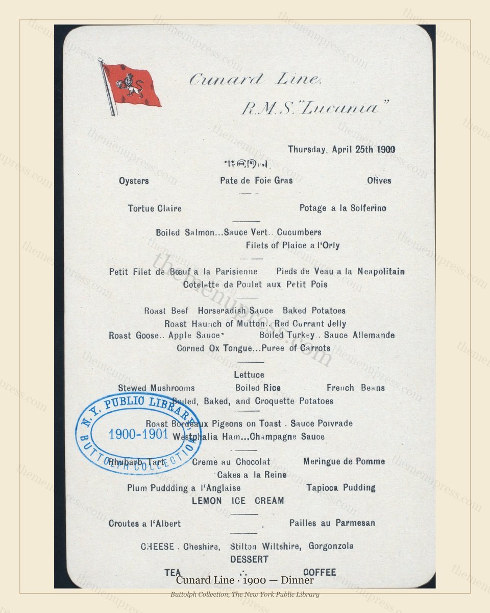 Vintage menu preview — 1900 Vintage Dinner Menu — Cunard Line, Transatlantic Ocean Liner Card (Complete