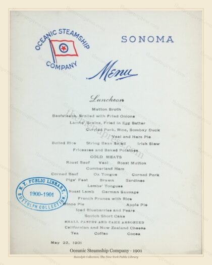 Vintage menu preview — 1901 Vintage Menu Menu — Oceanic Steamship Company, Transatlantic Ocean Liner Ca