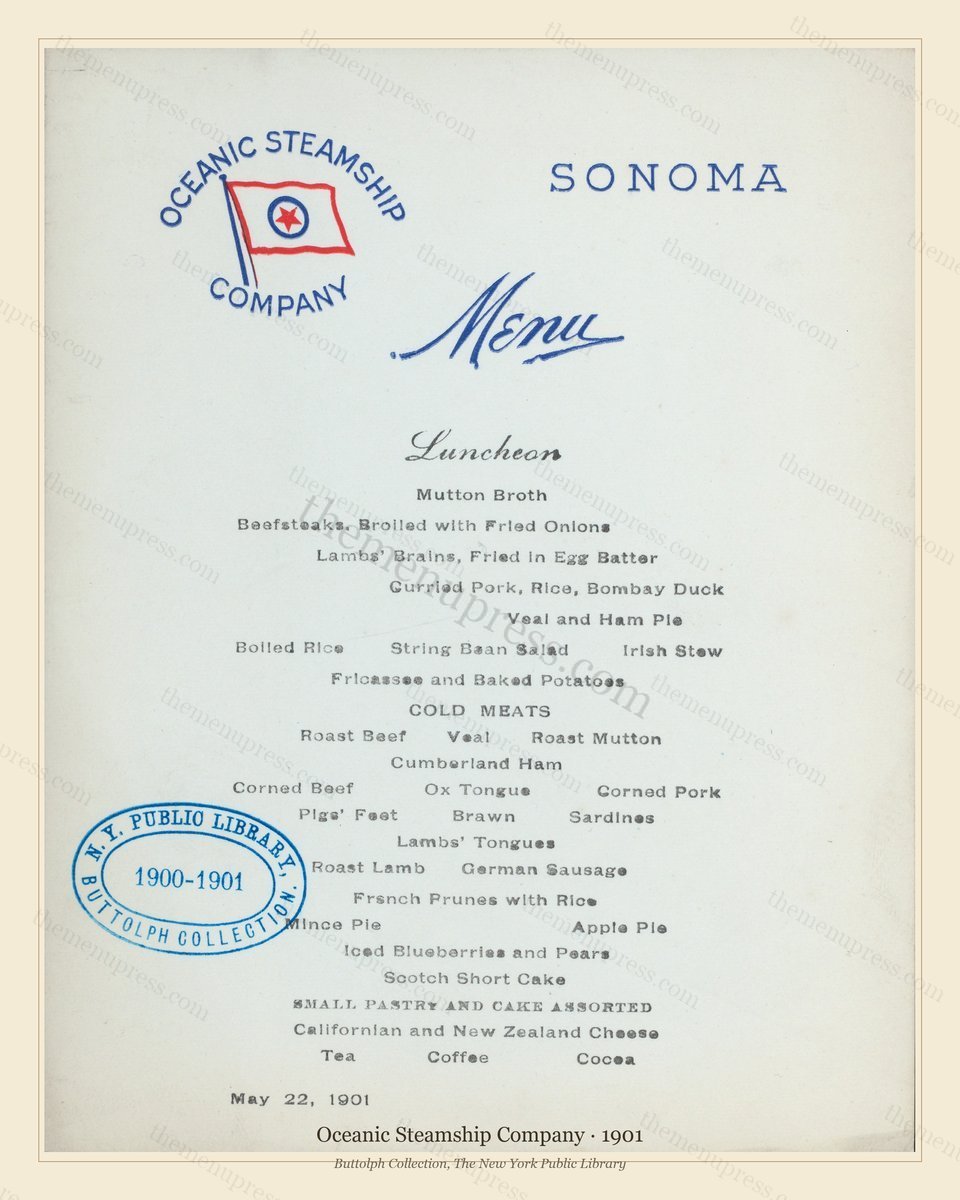 Vintage menu preview — 1901 Vintage Menu Menu — Oceanic Steamship Company, Transatlantic Ocean Liner Ca