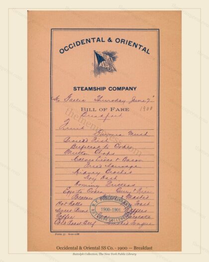 Vintage menu preview — 1900 Vintage Breakfast Menu — Occidental & Oriental SS Co., Transatlantic Oc