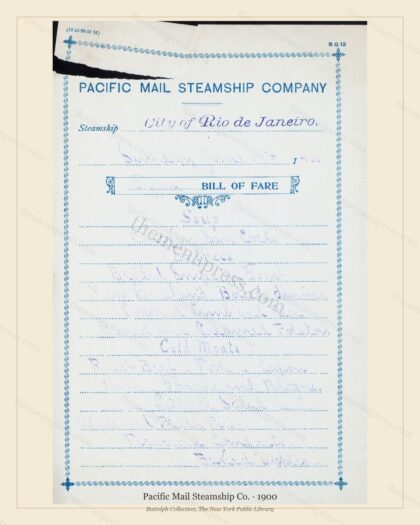 Vintage menu preview — 1900 Vintage Menu Menu — Pacific Mail Steamship Co., Transatlantic Ocean Liner C