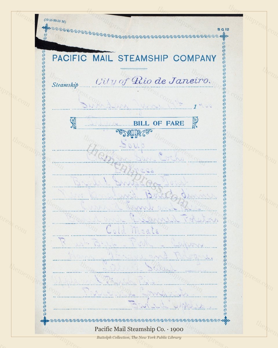 Vintage menu preview — 1900 Vintage Menu Menu — Pacific Mail Steamship Co., Transatlantic Ocean Liner C