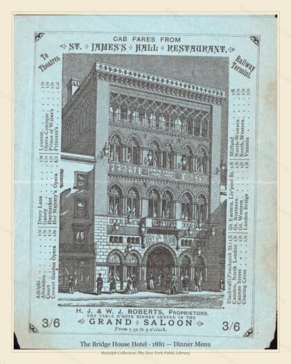 Vintage menu preview — 1881 Vintage Dinner Menu — The Bridge House Hotel, Theater & Opera House Car