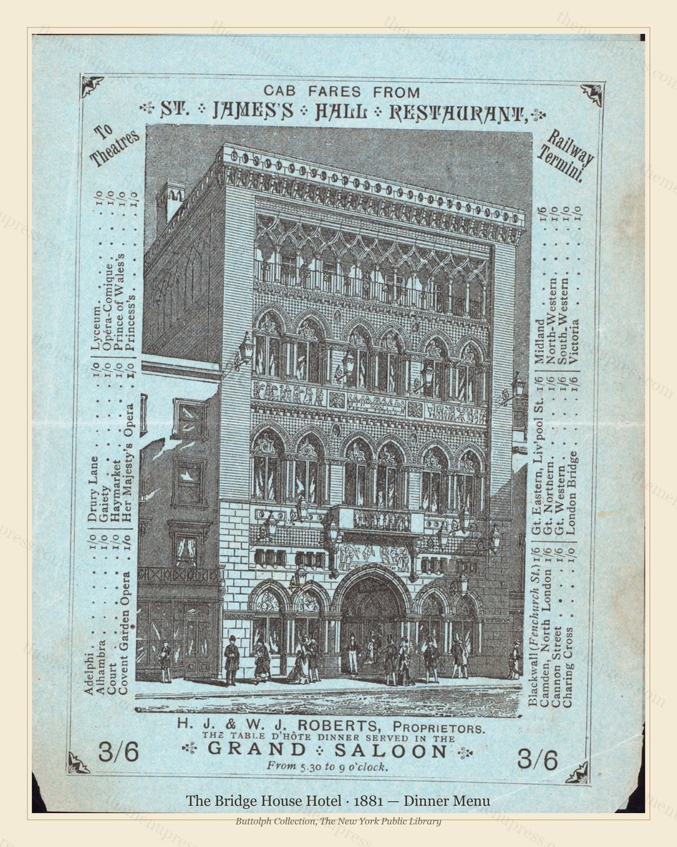 Vintage menu preview — 1881 Vintage Dinner Menu — The Bridge House Hotel, Theater & Opera House Car