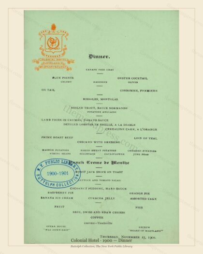 Vintage menu preview — 1900 Vintage Dinner Menu — Colonial Hotel, Theater & Opera House Card (Compl