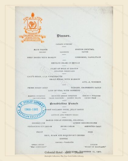 Vintage menu preview — 1900 Vintage Dinner Menu — Colonial Hotel, Theater & Opera House Card