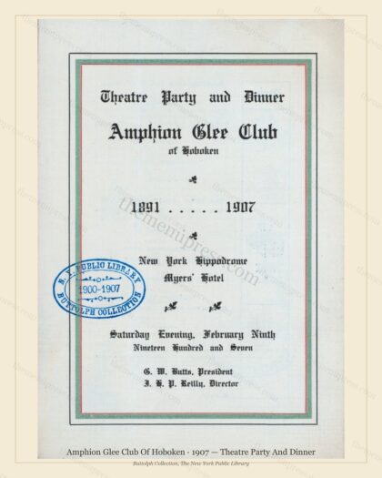 Vintage menu preview — 1907 Vintage Dinner Menu — Amphion Glee Club of Hoboken, Theater & Opera Hou