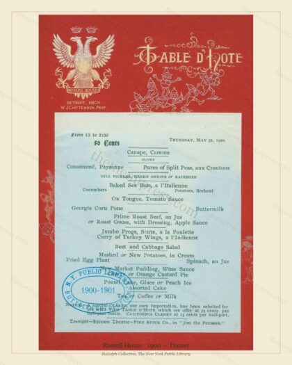 Vintage menu preview — 1900 Vintage Dinner Menu — Russell House, Theater & Opera House Card (Comple