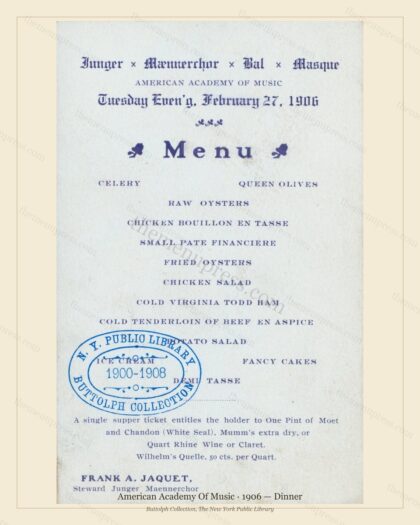 Vintage menu preview — 1906 Vintage Dinner Menu — American Academy of Music, Theater & Opera House
