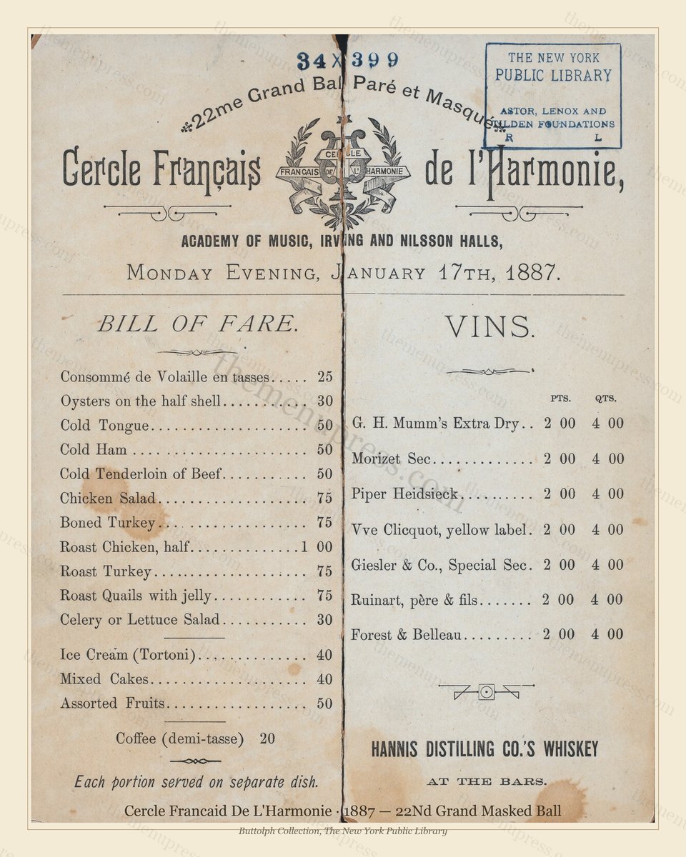 Vintage menu preview — 1887 Vintage Dinner Menu — Cercle Francaid De L'Harmonie, Theater & Opera Ho
