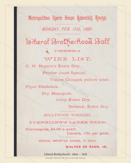 Vintage menu preview — 1890 Vintage Dinner Menu — Liberal Brotherhood, Theater & Opera House Card (