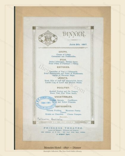 Vintage menu preview — 1897 Vintage Dinner Menu — Menzies Hotel, Theater & Opera House Card (Comple