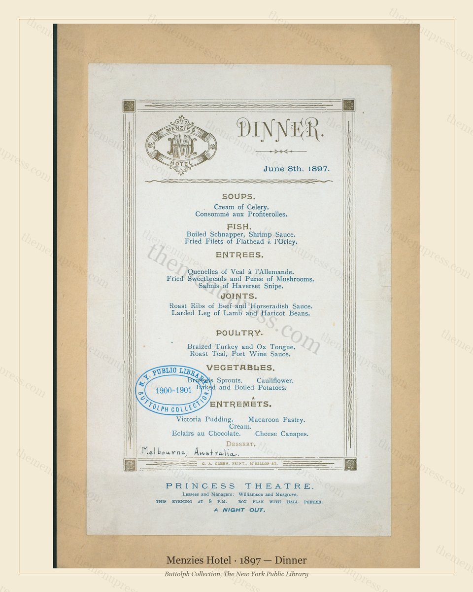 Vintage menu preview — 1897 Vintage Dinner Menu — Menzies Hotel, Theater & Opera House Card (Comple
