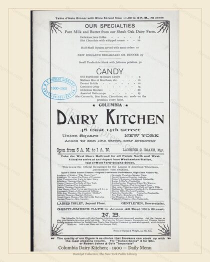 Vintage menu preview — 1900 Vintage Dinner Menu — Columbia Dairy Kitchen, Theater & Opera House Car