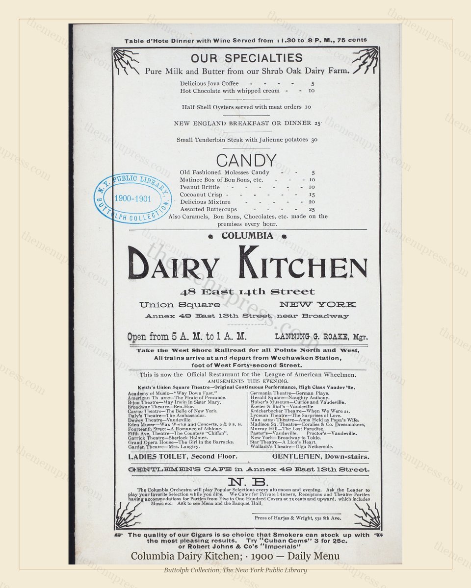 Vintage menu preview — 1900 Vintage Dinner Menu — Columbia Dairy Kitchen, Theater & Opera House Car
