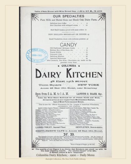 Columbia Dairy Kitchen; · 1900 — Daily Menu