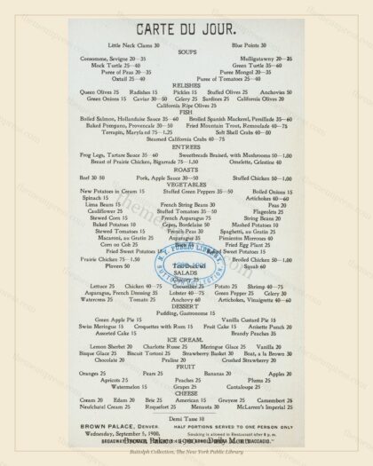 Vintage menu preview — 1900 Vintage Dinner Menu — Brown Palace, Theater & Opera House Card (Complet