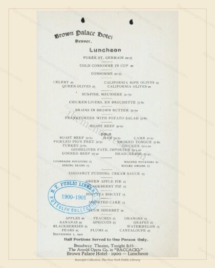Vintage menu preview — 1900 Vintage Lunch Menu — Brown Palace Hotel, Theater & Opera House Card (Co