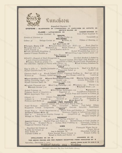 Vintage menu preview — 1912 Vintage Wedding Reception Menu — Waldorf-Astoria, Gilded Age Wedding Card