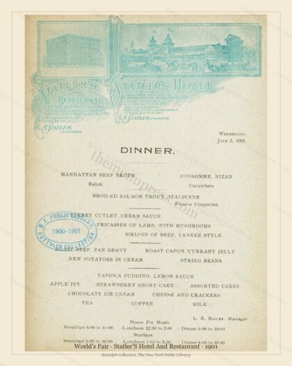 Vintage menu preview — 1901 Vintage Cafe Menu — Statler'S Hotel and Restaurant, International Expositio