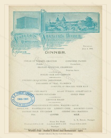 Vintage menu preview — 1901 Vintage Cafe Menu — Statler'S Hotel and Restaurant, International Expositio