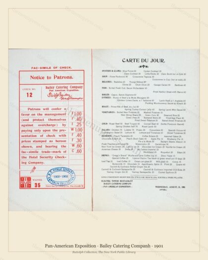 Vintage menu preview — 1901 Vintage Cafe Menu — Bailey Catering Companh, Pan-American Exposition, Buffa
