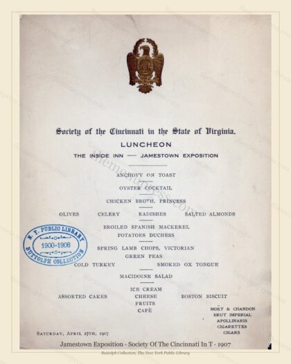 Vintage menu preview — 1907 Vintage Cafe Menu — Society of the Cincinnati in t, Jamestown Exposition (C