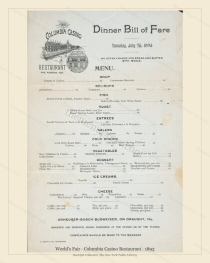 Vintage menu preview — 1893 Vintage Cafe Menu — Columbia Casino Restaurant, International Exposition (C