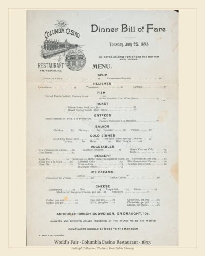 World's Fair · Columbia Casino Restaurant · 1893