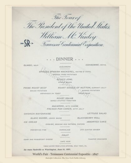 Vintage menu preview — 1897 Vintage Cafe Menu — Tennessee Centennial Expositio, International Expositio