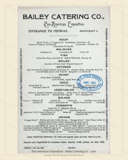 Vintage menu preview — 1901 Vintage Cafe Menu — Bailey Catering, Pan-American Exposition, Buffalo (Comp