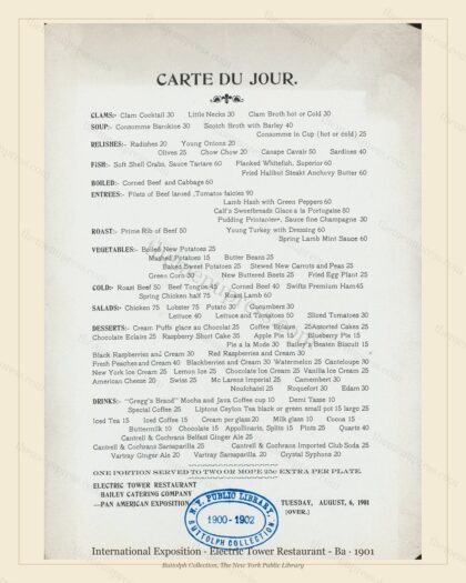 Vintage menu preview — 1901 Vintage Cafe Menu — Electric Tower Restaurant - Ba, International Expositio