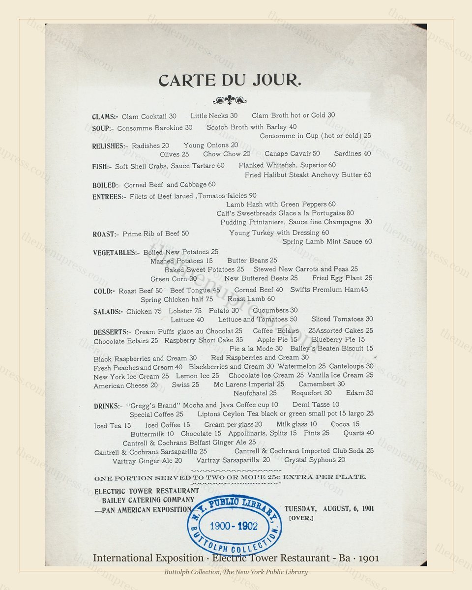 Vintage menu preview — 1901 Vintage Cafe Menu — Electric Tower Restaurant - Ba, International Expositio