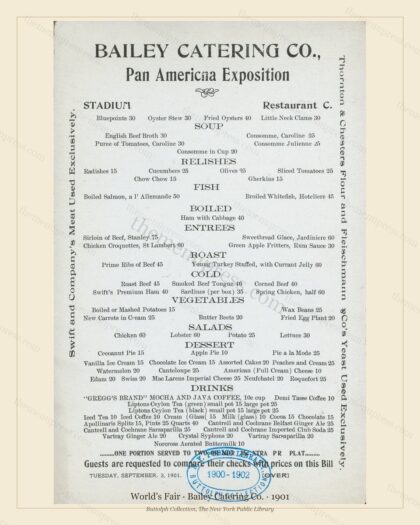 Vintage menu preview — 1901 Vintage Cafe Menu — Bailey Catering, International Exposition (Complete 2-P