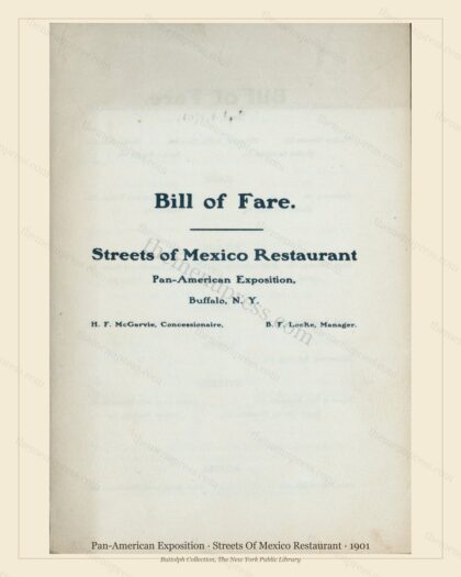 Vintage menu preview — 1901 Vintage Cafe Menu — Streets of Mexico Restaurant, Pan-American Exposition,