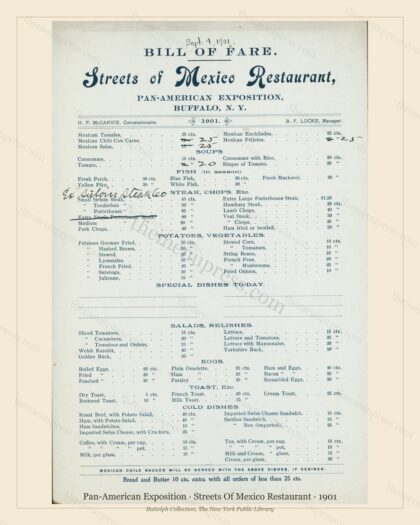 Vintage menu preview — 1901 Vintage Cafe Menu — Streets of Mexico Restaurant, Pan-American Exposition,