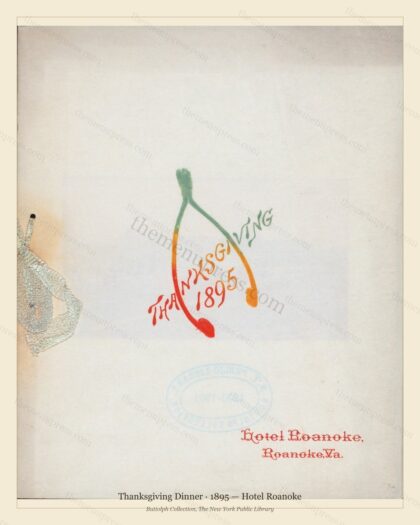 Vintage menu preview — 1895 Vintage Thanksgiving Dinner Menu — Hotel Roanoke, Festive Holiday Card (Com