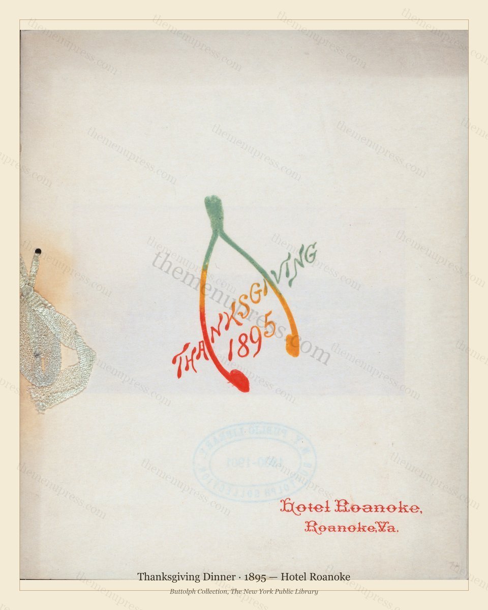 Vintage menu preview — 1895 Vintage Thanksgiving Dinner Menu — Hotel Roanoke, Festive Holiday Card (Com
