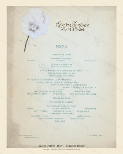 Vintage menu preview — 1897 Vintage Easter Dinner Menu — Mansion House, Festive Holiday Card (Complete