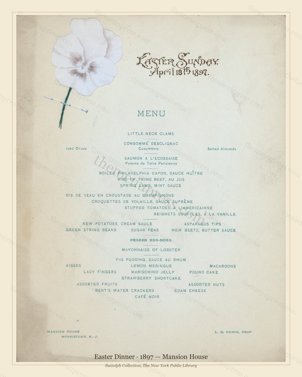 Vintage menu preview — 1897 Vintage Easter Dinner Menu — Mansion House, Festive Holiday Card (Complete