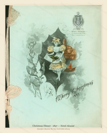 Vintage menu preview — 1897 Vintage Christmas Dinner Menu — Hotel Alcazar, Festive Holiday Card (Comple