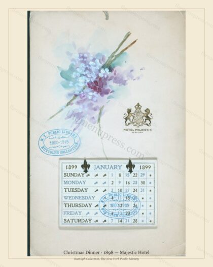 Vintage menu preview — 1898 Vintage Christmas Dinner Menu — Majestic Hotel, Festive Holiday Card (Compl