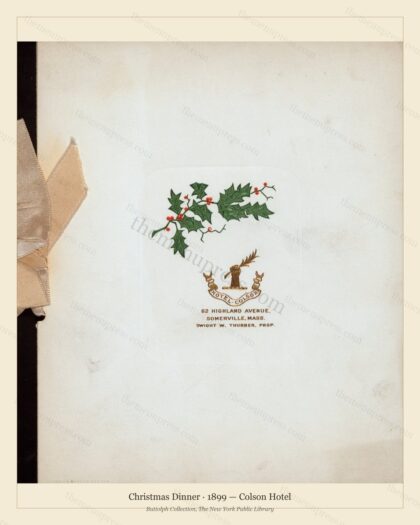Vintage menu preview — 1899 Vintage Christmas Dinner Menu — Colson Hotel, Festive Holiday Card (Complet