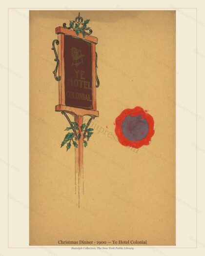Vintage menu preview — 1900 Vintage Christmas Dinner Menu — Ye Hotel Colonial, Festive Holiday Card (Co