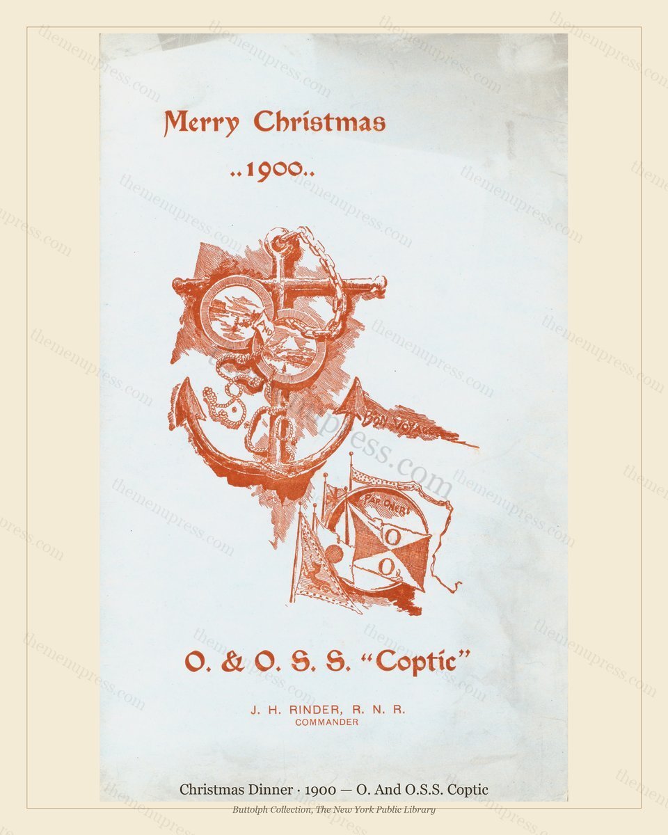 Vintage menu preview — 1900 Vintage Christmas Dinner Menu — O. and O.S.S. Coptic, Festive Holiday Card