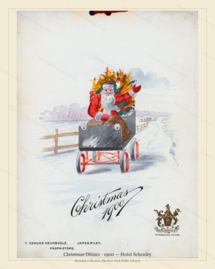 Vintage menu preview — 1900 Vintage Christmas Dinner Menu — Hotel Schenley, Festive Holiday Card (Compl