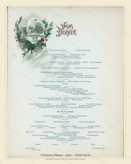 Vintage menu preview — 1900 Vintage Christmas Dinner Menu — Hotel Savoy, Festive Holiday Card (Complete