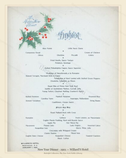 Vintage menu preview — 1901 Vintage New Year's Day Dinner Menu — Willard'S Hotel, Festive Holiday Card