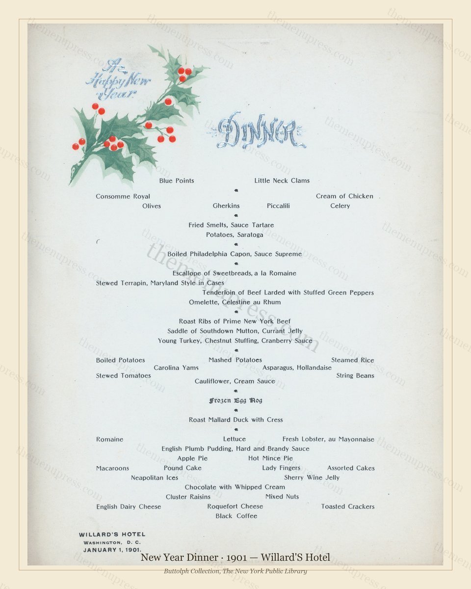 Vintage menu preview — 1901 Vintage New Year's Day Dinner Menu — Willard'S Hotel, Festive Holiday Card