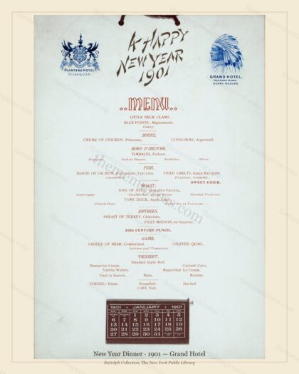 Vintage menu preview — 1901 Vintage New Year's Day Dinner Menu — Grand Hotel, Festive Holiday Card (Com